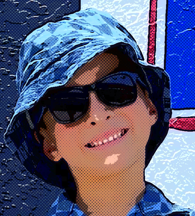 CJ in a blue checkered bucket hat and sunglasses, comic book style